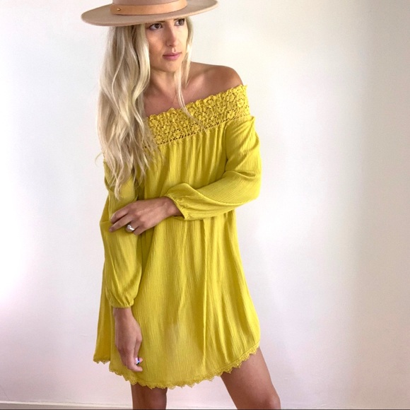 mustard yellow off the shoulder dress